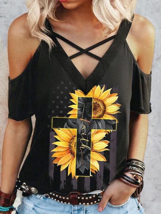 Cross Sunflower Print Off-shoulder T-shirt - T-Shirts - INS | Online Fashion Free Shipping Clothing, Dresses, Tops, Shoes - 24/05/2021 - Category_T-Shirts - Color_Black