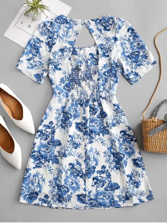 Cut Out Back Bow Tie Floral Mini Dress - INS | Online Fashion Free Shipping Clothing, Dresses, Tops, Shoes