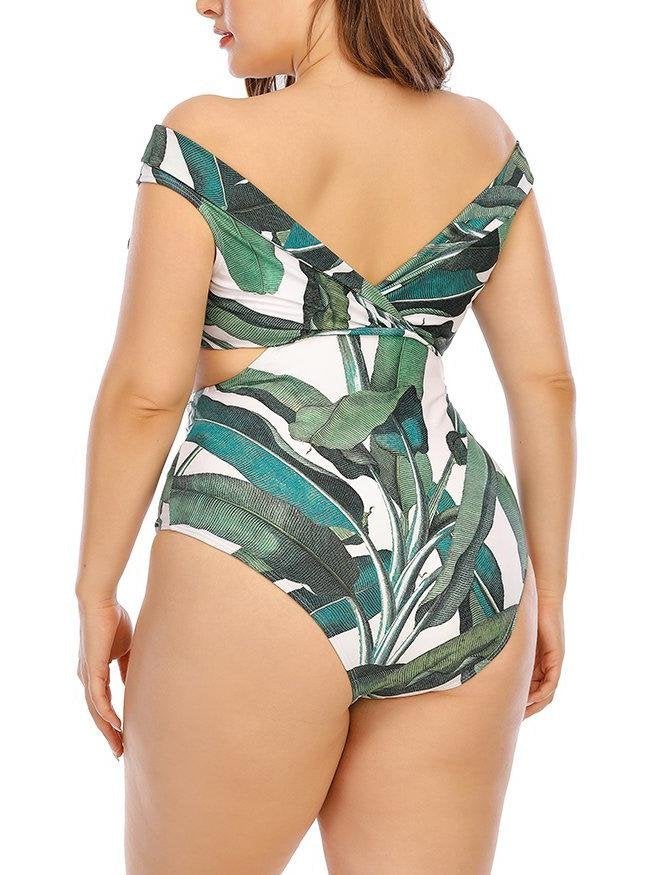 Cut Out One-piece Fresh Leaf Print Plus Size Swimsuit - Plus Swimsuits - INS | Online Fashion Free Shipping Clothing, Dresses, Tops, Shoes - 22/04/2021 - Color_Green - Plus Swimsuits