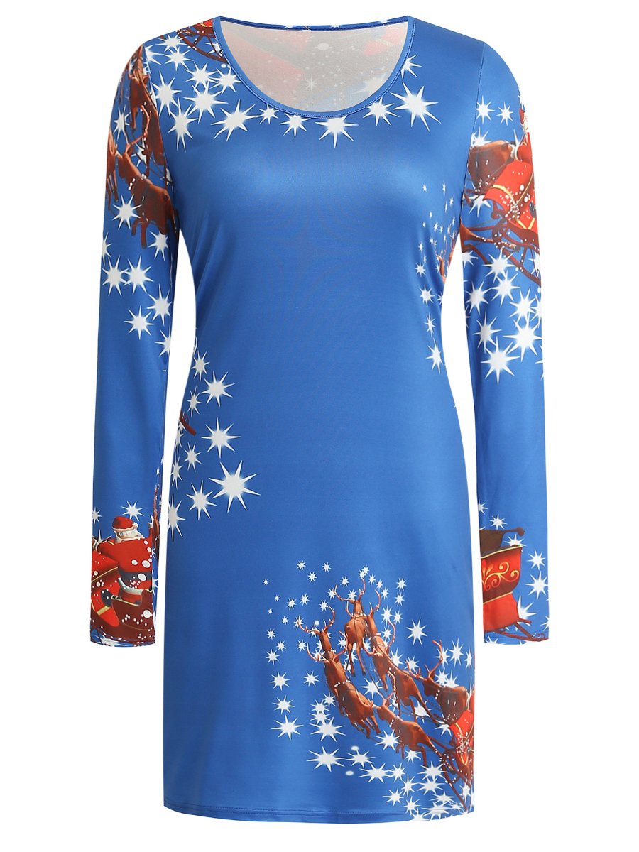 Red Dresses For Christmas Round Neck Long Sleeve Elk Print Bodycon Dress