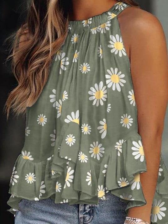 Daisy Print Halterneck Loose Tank Top - Tanks - INS | Online Fashion Free Shipping Clothing, Dresses, Tops, Shoes - 04/06/2021 - Category_Tanks - Color_Green