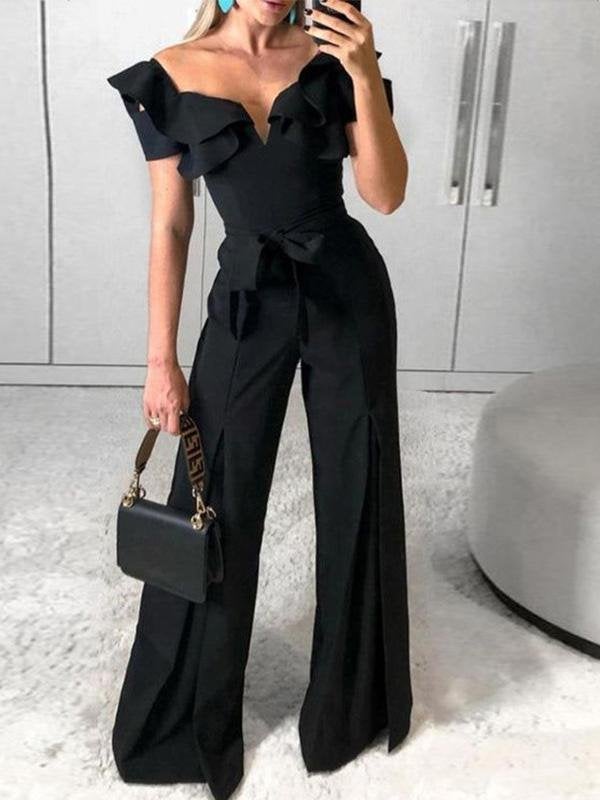 Deep V-Neck Belted Wide-Leg Jumpsuit - Jumpsuits & Rompers - INS | Online Fashion Free Shipping Clothing, Dresses, Tops, Shoes - 20/07/2021 - 30-40 - Bottom