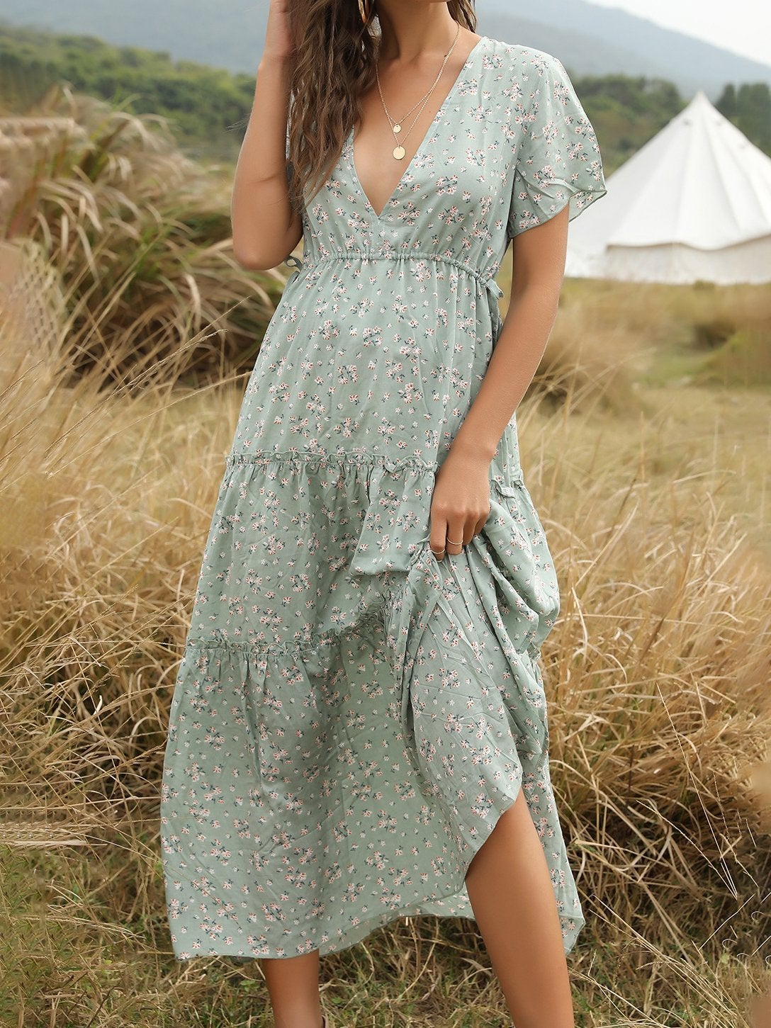 Deep V-Neck Bohemian Dress With Ruffled Floral - Midi Dresses - INS | Online Fashion Free Shipping Clothing, Dresses, Tops, Shoes - 25/06/2021 - 30-40 - Category_Midi Dresses