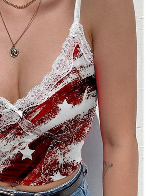 Deep V-neck Lace Star Print Casual Camisole - Camisoles - INS | Online Fashion Free Shipping Clothing, Dresses, Tops, Shoes - 31/05/2021 - Category_Camisoles - Color_Blue