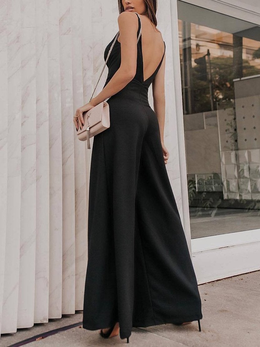 Deep V Sling Solid Color Long Jumpsuit - Jumpsuit & Rompers - INS | Online Fashion Free Shipping Clothing, Dresses, Tops, Shoes - 16/06/2021 - 20-30 - Bottoms