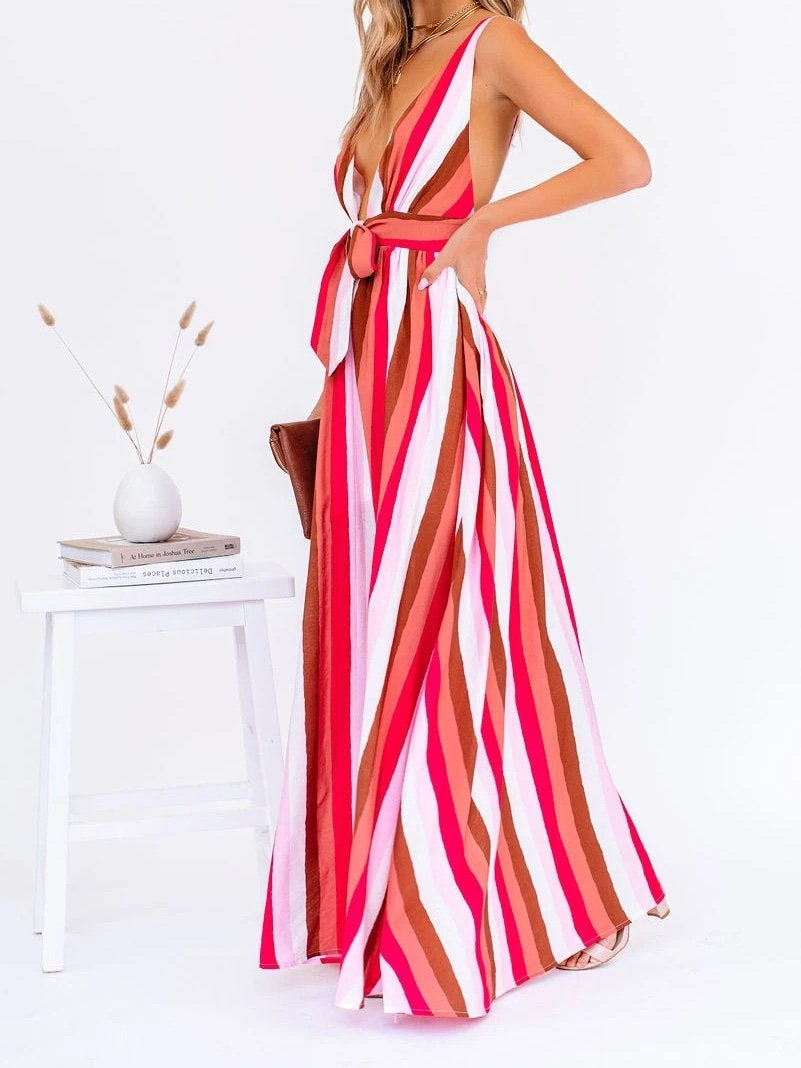 Deep V Striped Suspender Casual Dress - Maxi Dresses - INS | Online Fashion Free Shipping Clothing, Dresses, Tops, Shoes - 20-30 - 20/07/2021 - Category_Maxi Dresses