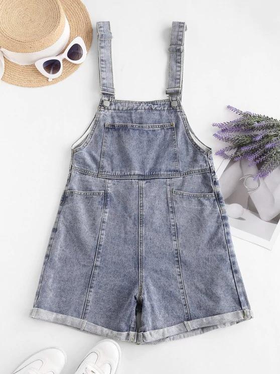 Denim Cuffed Hem Pockets Overalls Romper - INS | Online Fashion Free Shipping Clothing, Dresses, Tops, Shoes