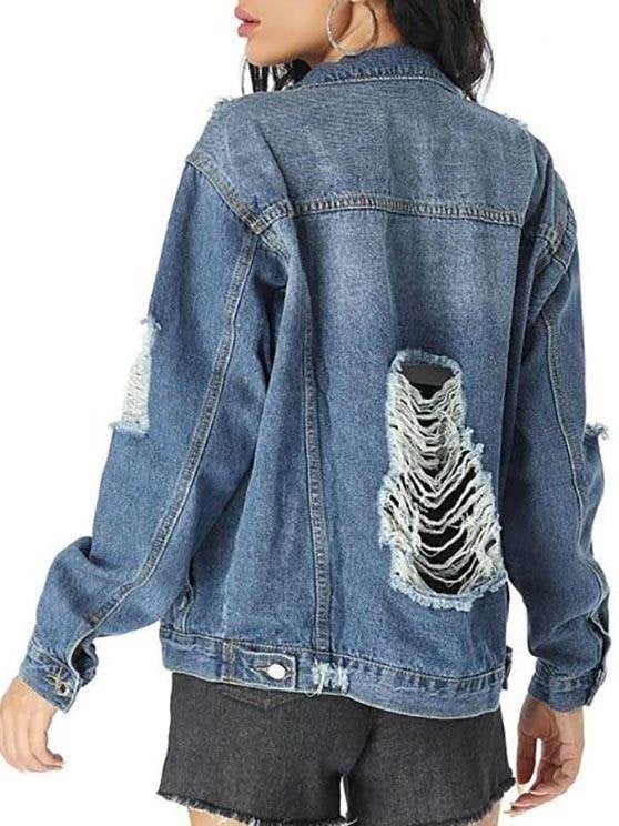 Distressed Pocket Button Up Jean Jacket - Jackets - INS | Online Fashion Free Shipping Clothing, Dresses, Tops, Shoes - 02/08/2021 - Autumn - Blue