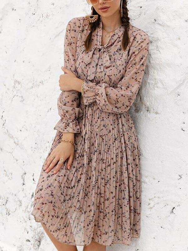 Ditsy Floral Print Tie Neck Pleated Dress - Dresses - INS | Online Fashion Free Shipping Clothing, Dresses, Tops, Shoes - 01/28/2021 - Color_Pink - Daily