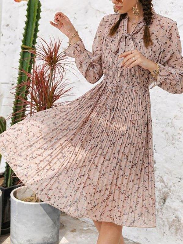 Ditsy Floral Print Tie Neck Pleated Dress - Dresses - INS | Online Fashion Free Shipping Clothing, Dresses, Tops, Shoes - 01/28/2021 - Color_Pink - Daily