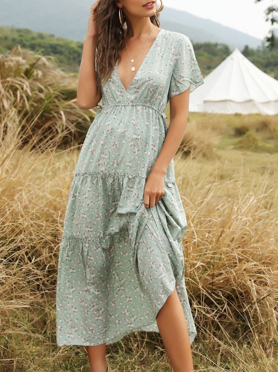 Ditsy Floral Slit Hem Maxi A-line Dress - Dresses - INS | Online Fashion Free Shipping Clothing, Dresses, Tops, Shoes - Beach - chiffon-dress - Color_Green