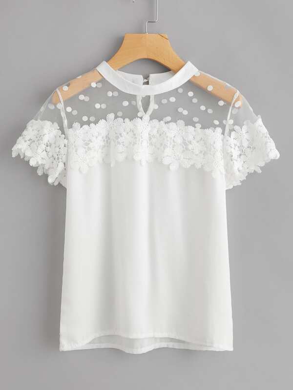 Dot Mesh Panel Crochet Appliques Blouse - INS | Online Fashion Free Shipping Clothing, Dresses, Tops, Shoes