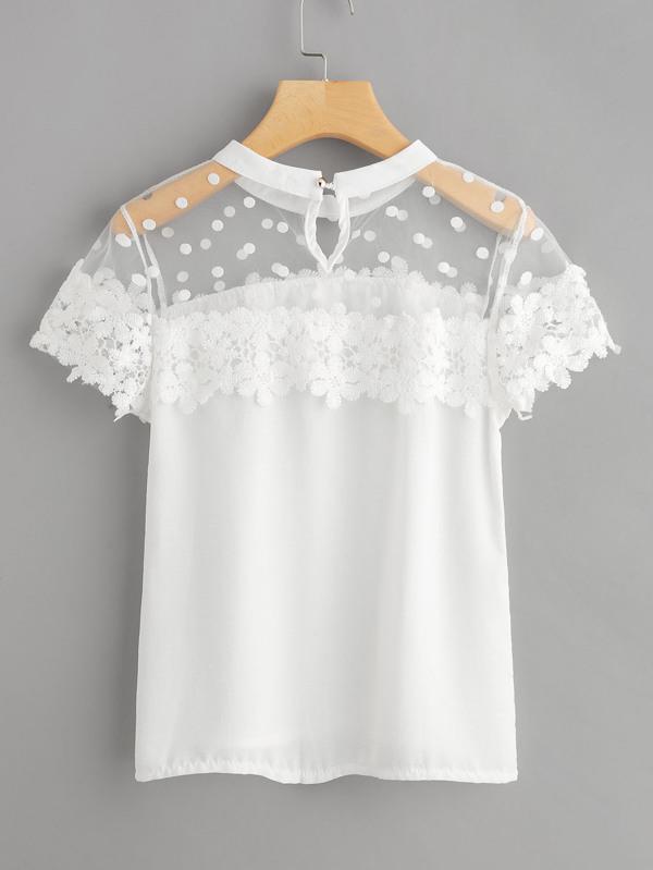 Dot Mesh Panel Crochet Appliques Blouse - INS | Online Fashion Free Shipping Clothing, Dresses, Tops, Shoes