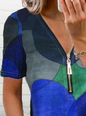 Dot Print Zipper V-neck Short Sleeves T-shirt - T-shirts - INS | Online Fashion Free Shipping Clothing, Dresses, Tops, Shoes - 07/07/2021 - 10-20 - color-blue