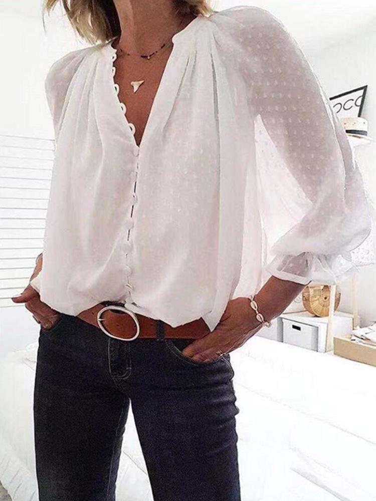 Dots Button Long Sleeve Blouse - Blouses - INS | Online Fashion Free Shipping Clothing, Dresses, Tops, Shoes - 29/04/2021 - BLO210429033 - Blouses