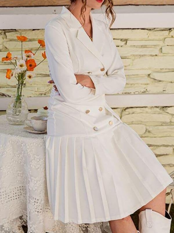 Double Button Belted Pleated Hem Dress - Dresses - INS | Online Fashion Free Shipping Clothing, Dresses, Tops, Shoes - Autumn - Color_White - Dresses