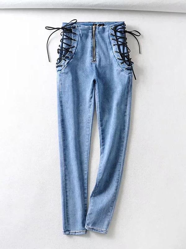 Double Tie Rope High Waist Jeans Stretch Skinny - Jeans - INS | Online Fashion Free Shipping Clothing, Dresses, Tops, Shoes - 15/03/2021 - Black - Blue