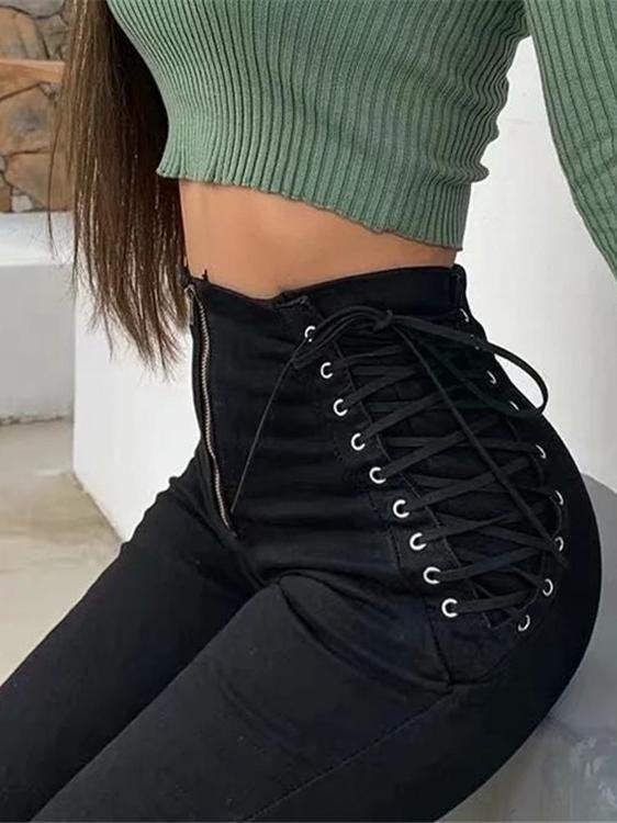 Double Tie Rope High Waist Jeans Stretch Skinny - Jeans - INS | Online Fashion Free Shipping Clothing, Dresses, Tops, Shoes - 15/03/2021 - Black - Blue