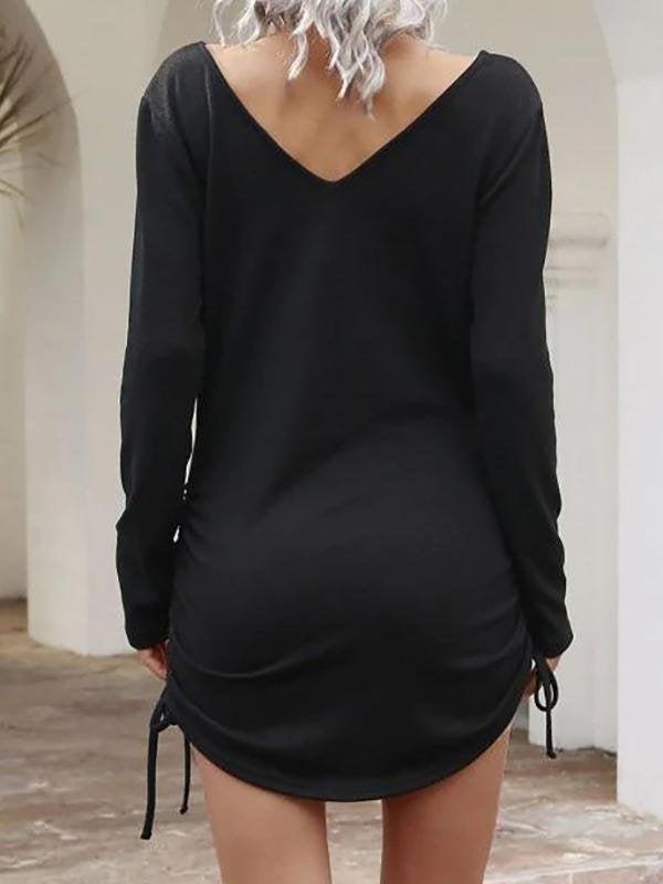 Double V Cinched Side Long Sleeve Dress - Mini Dresses - INS | Online Fashion Free Shipping Clothing, Dresses, Tops, Shoes - 02/07/2021 - Black - Bodycon Dresses