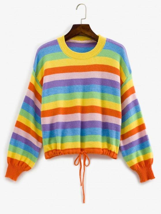 Drawstring Hem Lantern Sleeve Rainbow Stripes Sweater - INS | Online Fashion Free Shipping Clothing, Dresses, Tops, Shoes