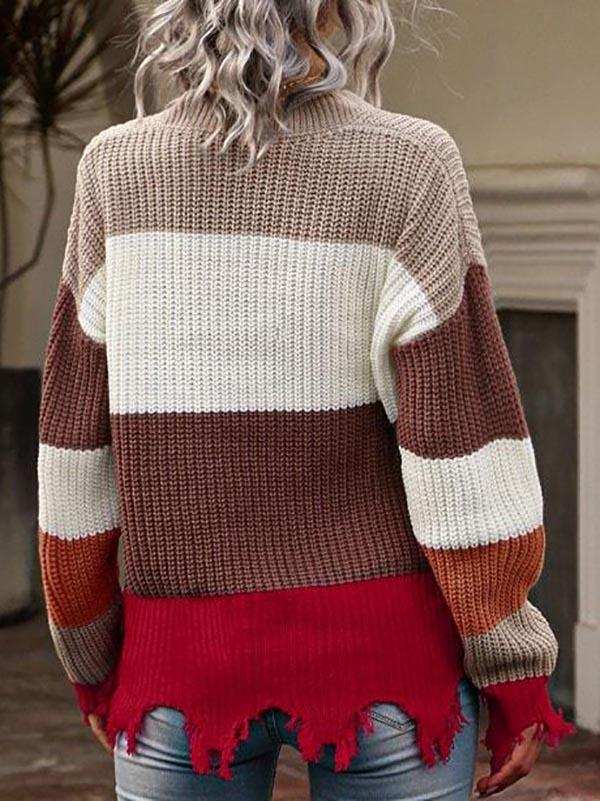 Drop Shoulder Colorblock Frayed Sweater - Sweaters - INS | Online Fashion Free Shipping Clothing, Dresses, Tops, Shoes - 02/08/2021 - Autumn - Casual