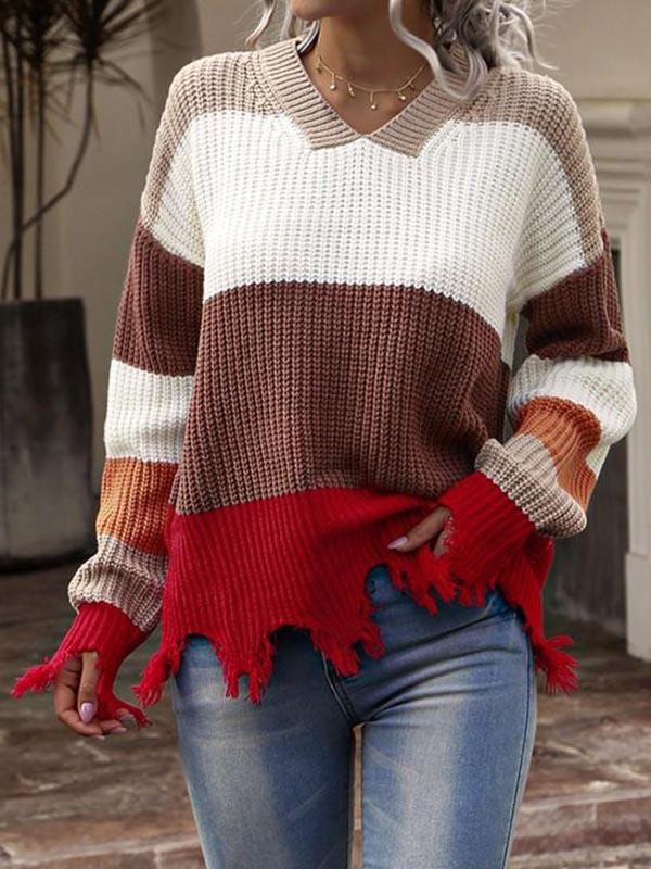 Drop Shoulder Colorblock Frayed Sweater - Sweaters - INS | Online Fashion Free Shipping Clothing, Dresses, Tops, Shoes - 02/08/2021 - Autumn - Casual