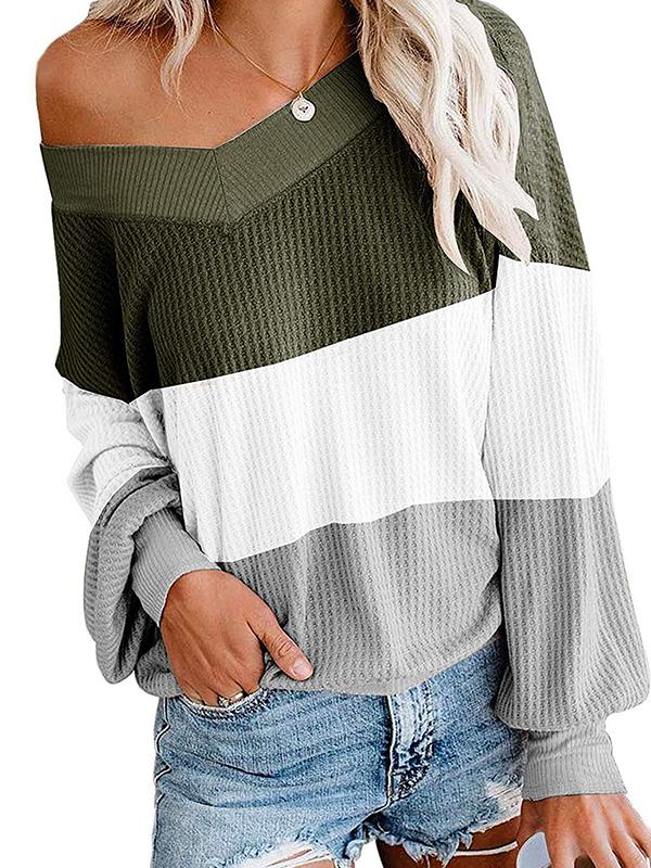 Drop Shoulder Colorblock LKnit Blouse Top - T-Shirts - INS | Online Fashion Free Shipping Clothing, Dresses, Tops, Shoes - 13/04/2021 - Color_Green - Color_Khaki