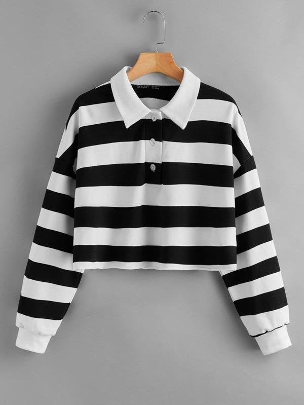 Drop Shoulder Striped Sweatshirt - Sweatshirts - INS | Online Fashion Free Shipping Clothing, Dresses, Tops, Shoes - 01/02/2021 - Black and White - Casual