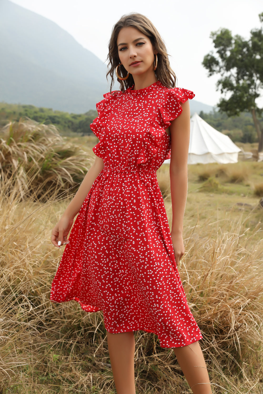 Red Ruffled Midi Boho Dress