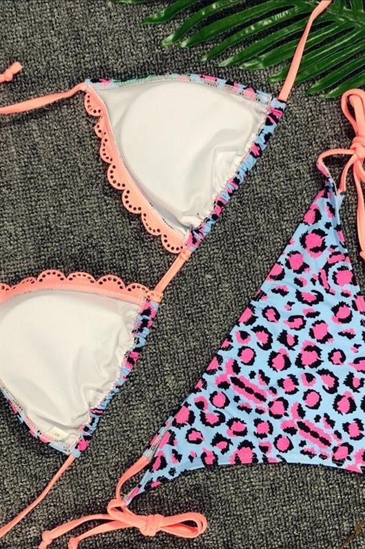 Pink Triangle String Halter Floral Leopard Print Sexy Cheeky Bikini Swimsuit