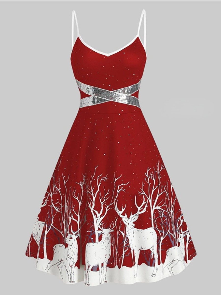 Red Christmas Dress Fawn Print A-line Tie Spaghetti Strapped Dresses