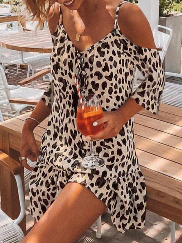Short Sleeve Brown Leopard Print Mini Dress