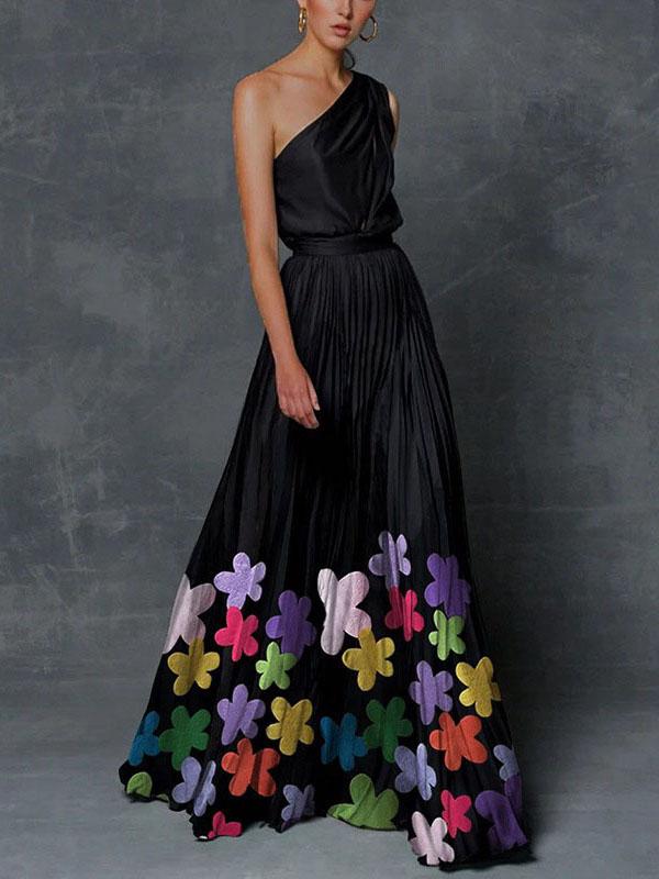 Elegant One Shoulder Flower Print A Line Prom Dress - Prom Dresses - INS | Online Fashion Free Shipping Clothing, Dresses, Tops, Shoes - 13/05/2021 - Color_Black - DRE210518914