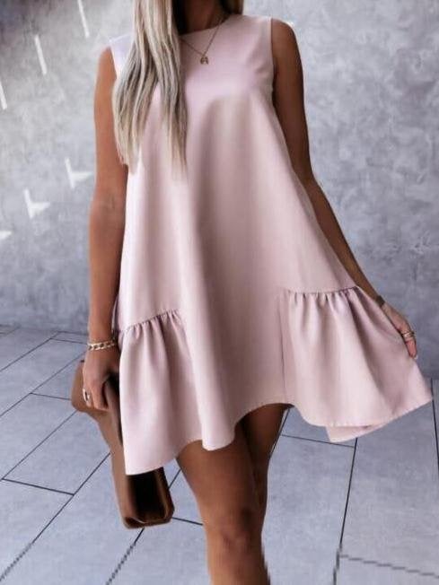 Elegant Solid Color Round Neck Ruffle Hem Mini Dress - Mini Dresses - INS | Online Fashion Free Shipping Clothing, Dresses, Tops, Shoes - 22/05/2021 - Color_Black - Color_Pink