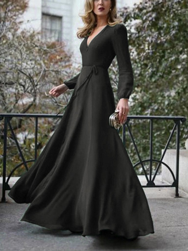 Elegant Solid V-neck Lace-up Dress - Maxi Dresses - INS | Online Fashion Free Shipping Clothing, Dresses, Tops, Shoes - 20-30 - 22/07/2021 - color-black