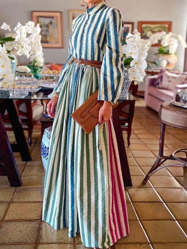 Elegant Stand-up Collar Striped Long Dress - Maxi Dresses - INS | Online Fashion Free Shipping Clothing, Dresses, Tops, Shoes - 29/06/2021 - 40-50 - color-blue