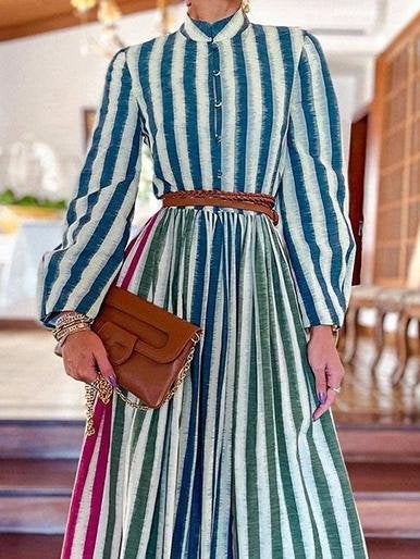 Elegant Stand-up Collar Striped Long Dress - Maxi Dresses - INS | Online Fashion Free Shipping Clothing, Dresses, Tops, Shoes - 29/06/2021 - 40-50 - color-blue