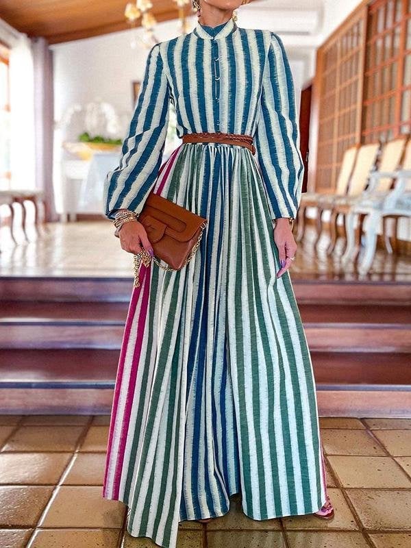 Elegant Stand-up Collar Striped Long Dress - Maxi Dresses - INS | Online Fashion Free Shipping Clothing, Dresses, Tops, Shoes - 29/06/2021 - 40-50 - color-blue