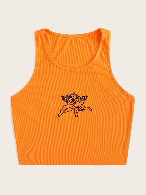 Embroidered Cherub Graphic Cropped Tank Top - INS | Online Fashion Free Shipping Clothing, Dresses, Tops, Shoes