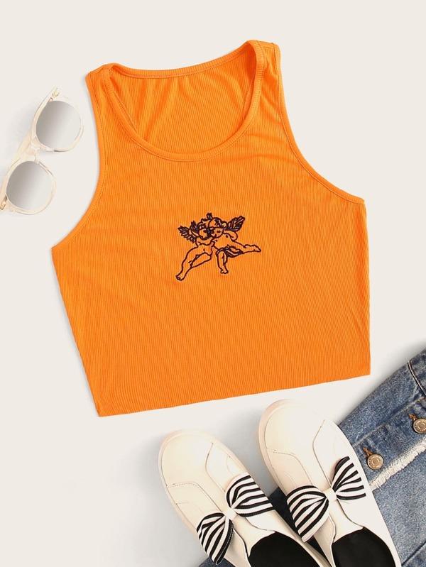 Embroidered Cherub Graphic Cropped Tank Top - INS | Online Fashion Free Shipping Clothing, Dresses, Tops, Shoes