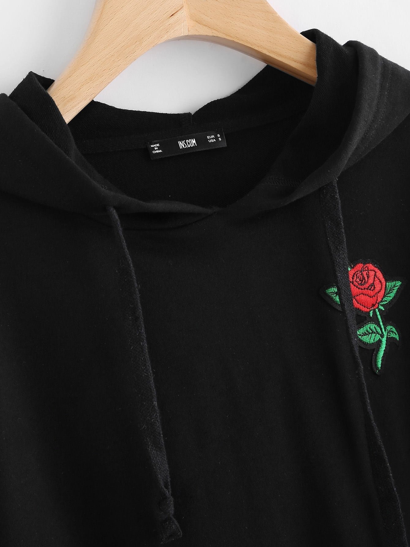 Embroidered Rose Patch Raw Hem Hoodie - INS | Online Fashion Free Shipping Clothing, Dresses, Tops, Shoes