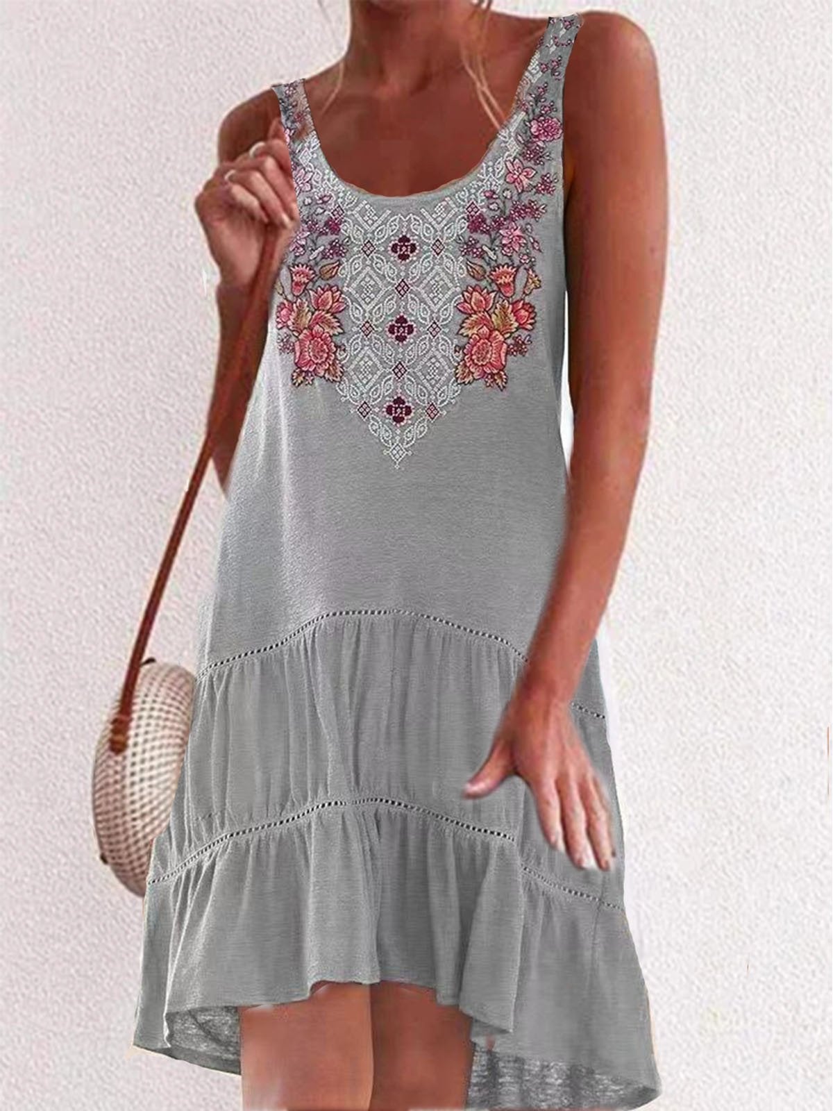 Embroidered Sleeveless Big Swing Stitching Dress - Midi Dresses - INS | Online Fashion Free Shipping Clothing, Dresses, Tops, Shoes - 01/07/2021 - 20-30 - color-gray