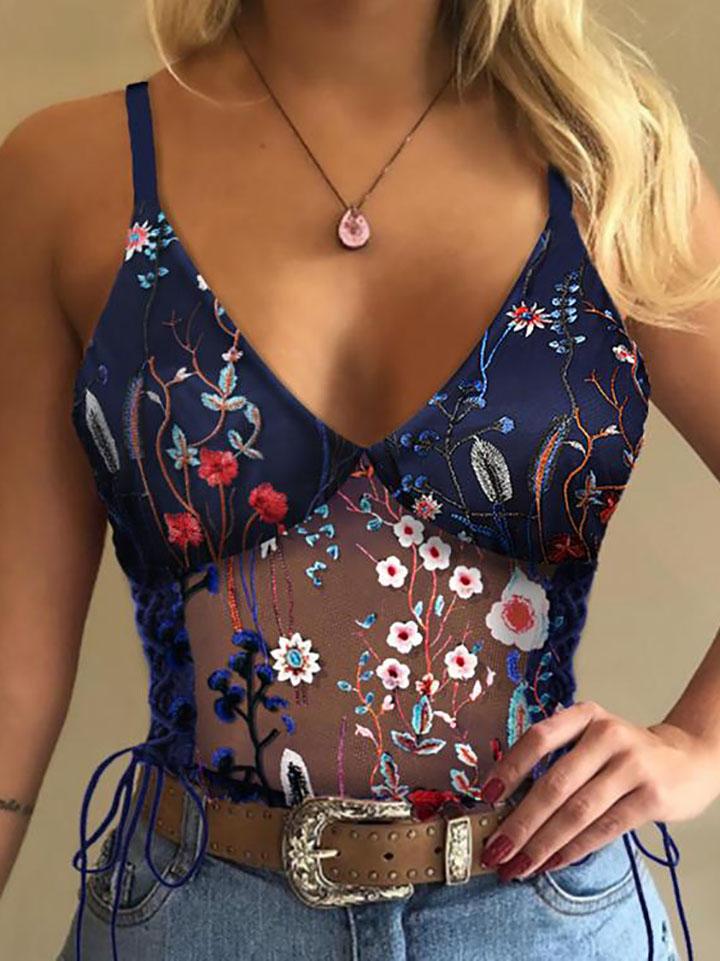 Embroidery Mesh Floral Print Tank Top - Tank Tops - INS | Online Fashion Free Shipping Clothing, Dresses, Tops, Shoes - 26/04/2021 - Color_Purplish Blue - Season_Spring