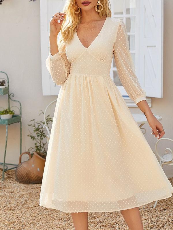 Empire Waist Swiss Dot Dress - Dresses - INS | Online Fashion Free Shipping Clothing, Dresses, Tops, Shoes - 01/28/2021 - Autumn - Beige