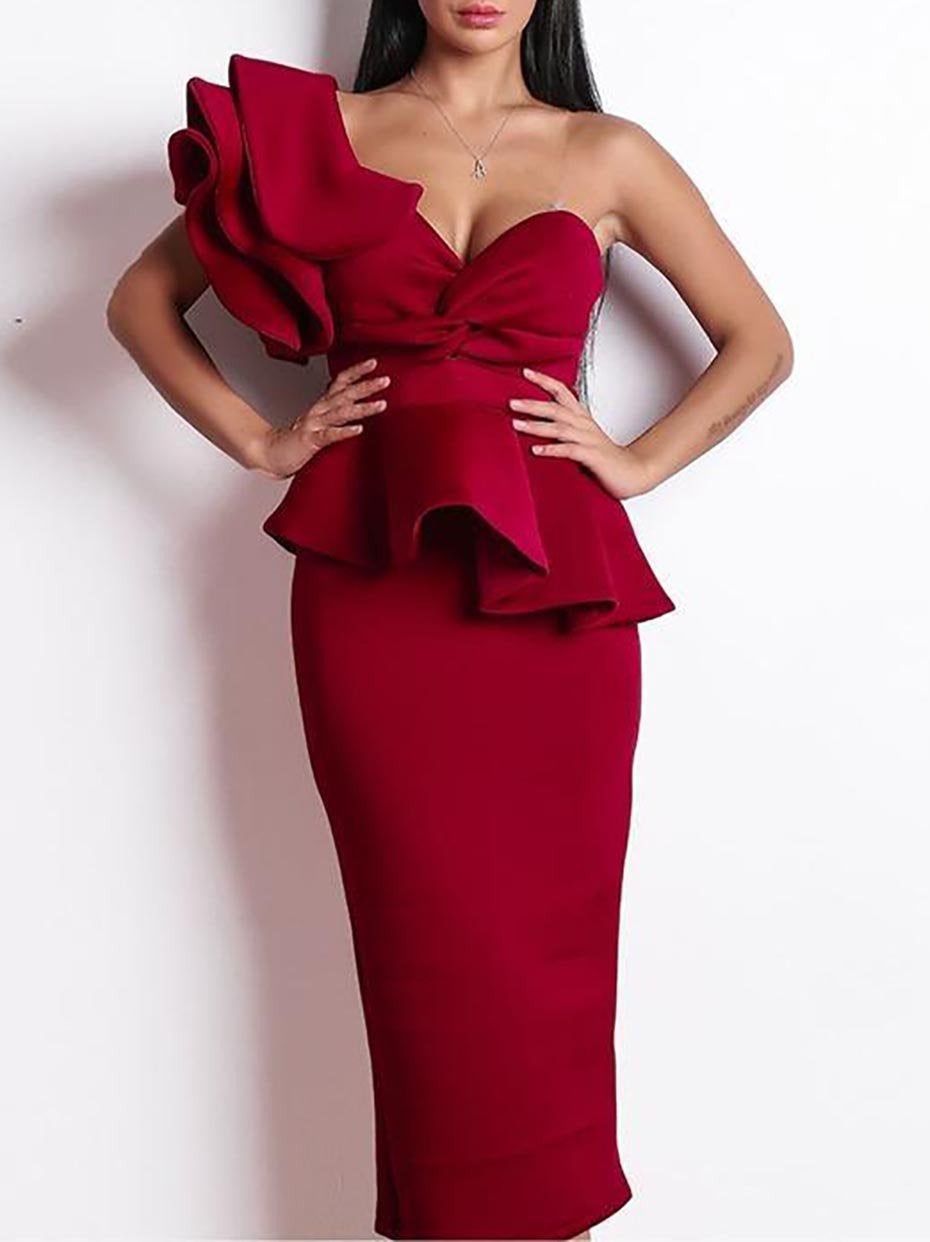 Exaggerated Ruffle One Shoulder Peplum Pencil Dress - Dresses - INS | Online Fashion Free Shipping Clothing, Dresses, Tops, Shoes - 02/04/021 - Color_Red - Color_White