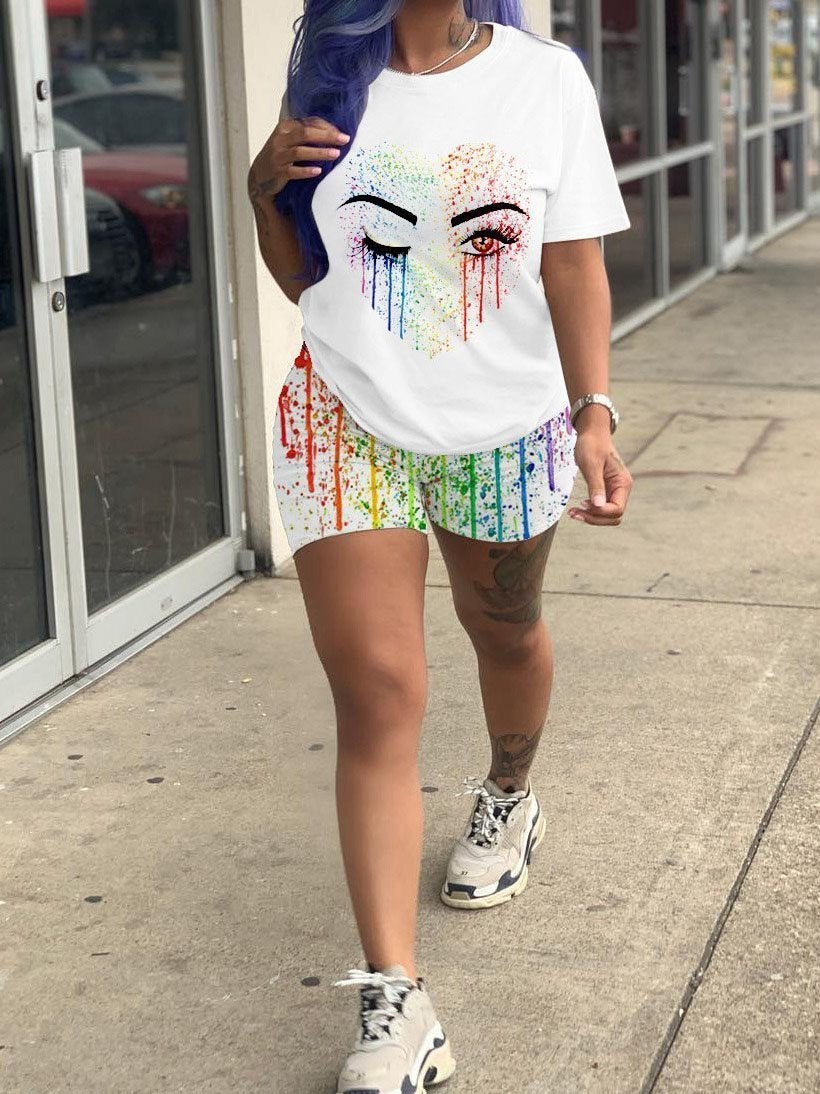 Eye Graffiti Tie-Dye Two-piece Shorts Set - Two-piece Outfits - INS | Online Fashion Free Shipping Clothing, Dresses, Tops, Shoes - 22/04/2021 - Catagory_Shorts Sets - Color_White