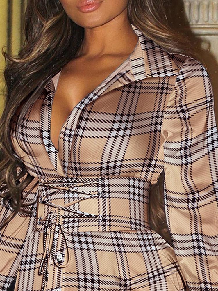 Eyelet Lace-up Plaid Shirt Dress - Mini Dresses - INS | Online Fashion Free Shipping Clothing, Dresses, Tops, Shoes - 30/04/2021 - Color_Brown - DRE210430082