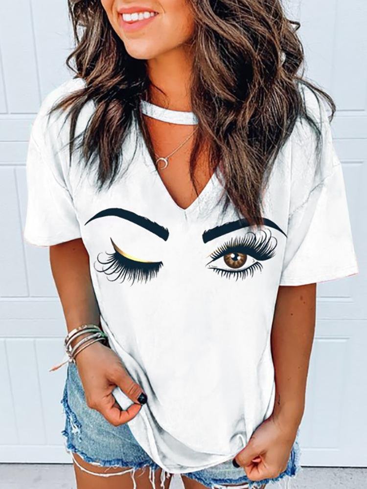 Eyes Print Cutout Front Casual T-shirt - T-Shirts - INS | Online Fashion Free Shipping Clothing, Dresses, Tops, Shoes - 27/04/2021 - Color_White - Season_Summer