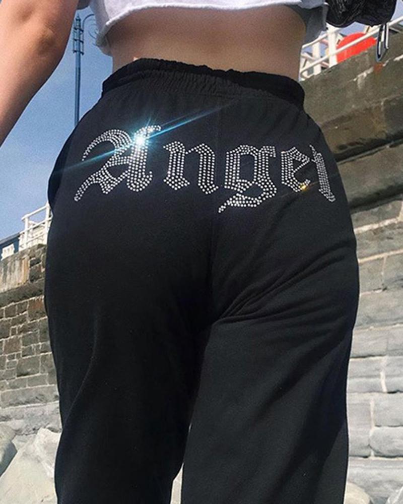 Rhinestone Decor Pocket Side Elastic Hem Sports Pants For Women