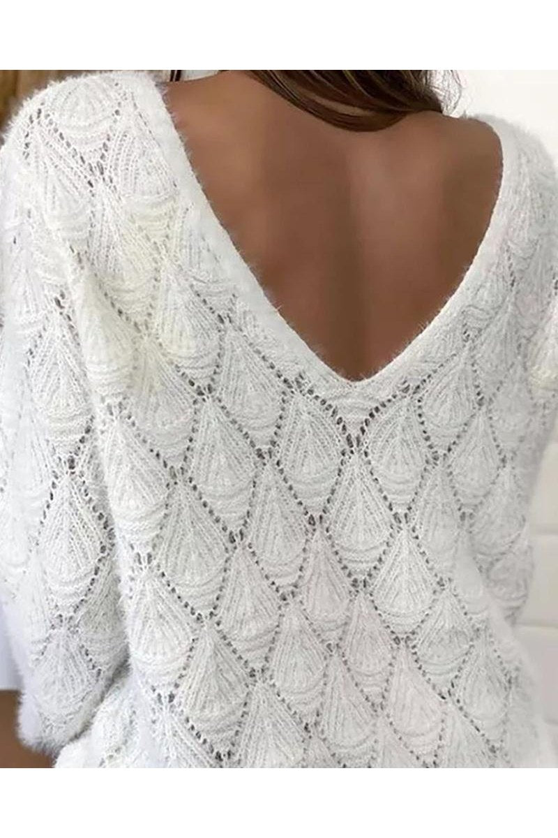 Pointelle Knit Cut Out Back Drop Shoulder Sweater